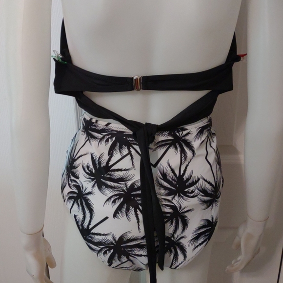 Tempt Me 2 Pc Halter Ruched High Waist Bikini Bottom White & Blk Palm trees 2 XL - Picture 2 of 10